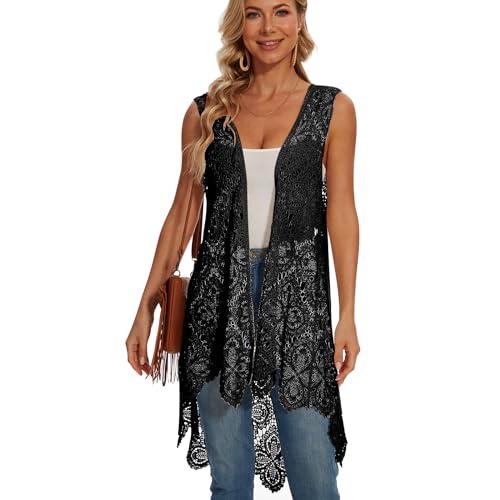 Damen Crochet Boho Spitze Floral Weste Boho Ärmellos Kimono Unregelmäßiger Saum Cardigan, Schwarz, EinheitsgröÃŸe von SMDPPWDBB