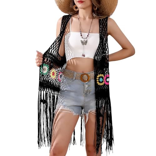 Damen Floral Crochet Hollow Out Ärmellos Fransen Boho Retro-Look Handgefertigte Strickjacke Weste Quasten, Schwarz, Einheitsgröße von SMDPPWDBB