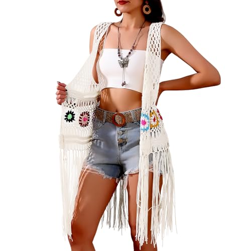 Damen Floral Crochet Hollow Out Ärmellos Fransen Boho Retro-Look Handgefertigte Strickjacke Weste Quasten, Weiss/opulenter Garten, Einheitsgröße von SMDPPWDBB