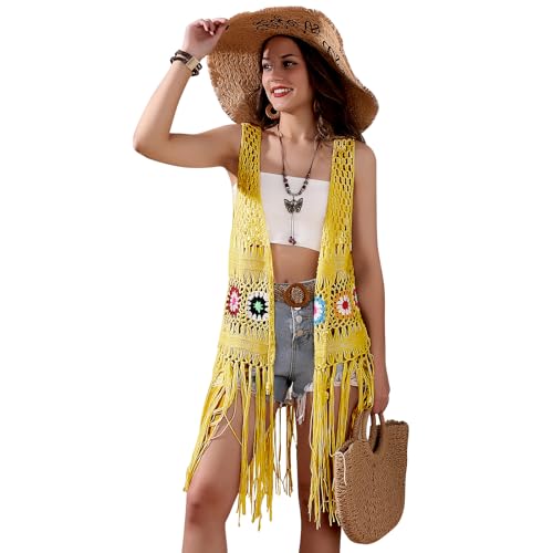 Damen Floral Crochet Hollow Out Ärmellos Fransen Boho Retro-Look Handgefertigte Strickjacke Weste Quasten, gelb, Einheitsgröße von SMDPPWDBB