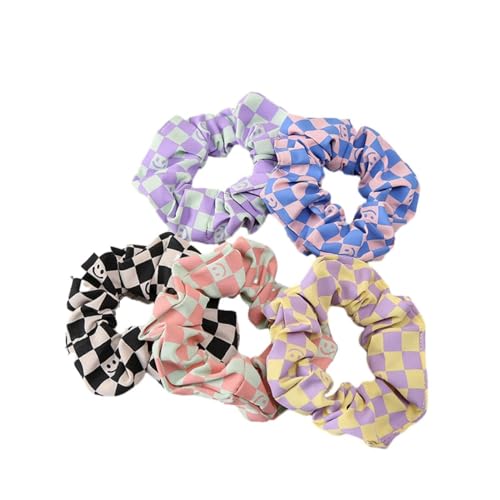 Scrunchies5Pcs Schachbrett Haargummi Smiley Dickdarm Haargummi Stoff Haar Seil Damen Haarschmuck von SMED