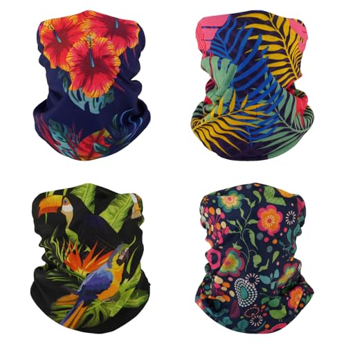 SMEHCF 4 Mehrzweck Bandanas für Damen Herren Stirnband Sturmhaube Haar Kopftuch Gesicht Halbmaske Halsmanschetten atmungsaktiv wiederverwendbar waschbar Hibiskus Papagei Monstera Zeichnung von SMEHCF