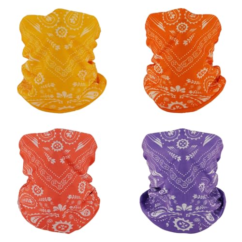SMEHCF 4 Mehrzweck Bandanas für Damen Herren Stirnband Sturmhaube Haar Kopftuch Gesicht Halbmaske Halsmanschetten atmungsaktiv wiederverwendbar waschbar Orange Gelb Lila Rot Cashew Blume von SMEHCF