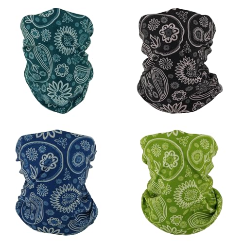 SMEHCF 4 Mehrzweck Bandanas für Damen Herren Stirnband Sturmhaube Haar Kopftuch Gesicht Halbmaske Halsmanschetten atmungsaktiv wiederverwendbar waschbar Schwarz Blau Apfelgrün Cashew Blume von SMEHCF