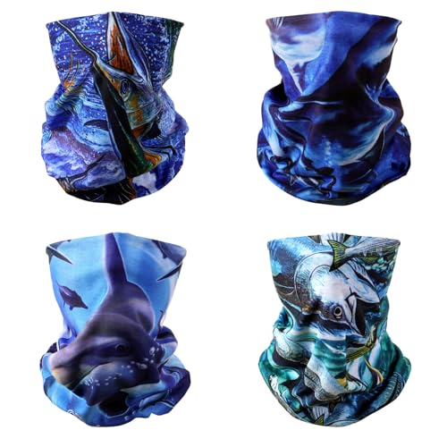 SMEHCF 4 Mehrzweck Bandanas für Damen Herren Stirnband Sturmhaube Haar Kopftuch Gesicht Halbmaske Halsmanschetten atmungsaktiv wiederverwendbar waschbar Thunfisch Schwertfisch Delfin Hai von SMEHCF