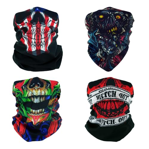 SMEHCF 4 Mehrzweck Bandanas für Damen Herren Stirnband Sturmhaube Haar Kopftuch Gesicht Halbmaske Halsmanschetten atmungsaktiv wiederverwendbar waschbar roter schwarzer Totenkopf Zombie von SMEHCF