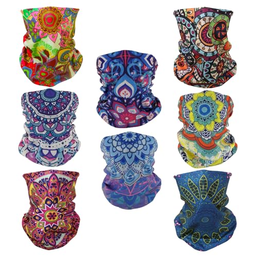 SMEHCF 8 Mehrzweck Kopftücher für Frauen Männer Stirnband Sturmhaube Haar Kopftuch Gesicht Halbe Airsoft Paintball Maske Halstücher Atmungsaktiv Waschbar Bohemian Stil Lotus Rot Blau Gelb von SMEHCF