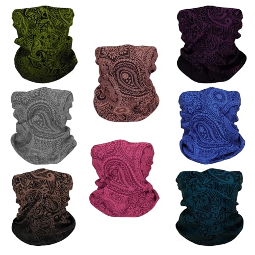 SMEHCF 8 Mehrzweck Kopftücher für Frauen Männer Stirnband Sturmhaube Haar Kopftuch Gesicht Halbe Airsoft Paintball Maske Halstücher Atmungsaktiv Waschbar Grau Blau Lila Cashew-Blume Klassische Farbe von SMEHCF