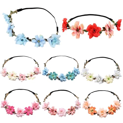 Blumenkronenblumenstirnband für Frauen Mädchen 8 PCs Elastic Boho Festival Stirnband mit 5 PCs Blumen Hawaii-Hochzeitsfee Krone für Brautbrautjungfern machen Fotos reisen von SMELEYOU