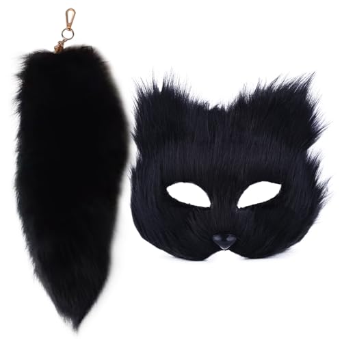 Therian Tail Therian Mask Therian Gear Cat Maske und Katzenschwanz -Set Pelsery Maske ＆ 16 '' Langer Schwanzschlüsselketten Halbgesicht Maskerade Maske für Cosplay Fantasie Party Schwarz von SMELEYOU