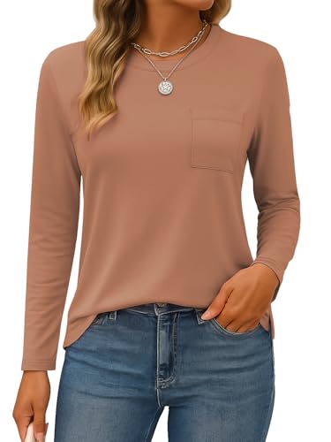 SMENG Basic Shirt Damen Langarm Rundhalsausschnitt Tops Basic Casual T-Shirt Figurumspielende Oberteile Khaki L von SMENG