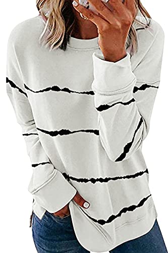 SMENG Beiläufig Sweatshirt Damen Pullover Oversize Pullover Damen Gestreiftes Sweatshirt Oberteile Dünne Langarmshirt Damen Pullover Mode Top Weiß L von SMENG