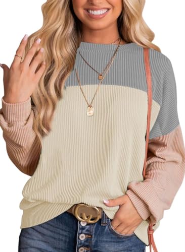 SMENG Bequeme Shirts Damen Blusen Basic Langarmshirt Gestreift Lässig Shirt Schöne Oberteile Farbblock Tunika Waffel Klamotten Pullover Festliche Oberteile Damen Beige XXL von SMENG