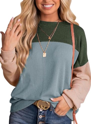 SMENG Bequeme Shirts Damen Blusen Basic Langarmshirt Gestreift Lässig Shirt Schöne Oberteile Farbblock Tunika Waffel Klamotten Pullover Festliche Oberteile Damen Blau XXL von SMENG