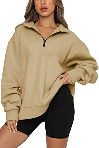 SMENG Casual Sweatshirt Damen-Sweatshirt mit halbem Reißverschluss Damen Loose Pullover Sweatshirt Langarm Pullover Khaki L von SMENG