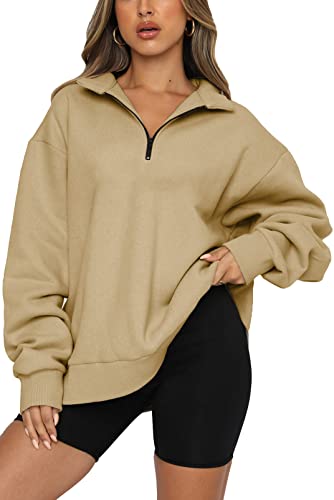 SMENG Casual Sweatshirt Damen-Sweatshirt mit halbem Reißverschluss Damen Loose Pullover Sweatshirt Langarm Pullover Khaki XL von SMENG