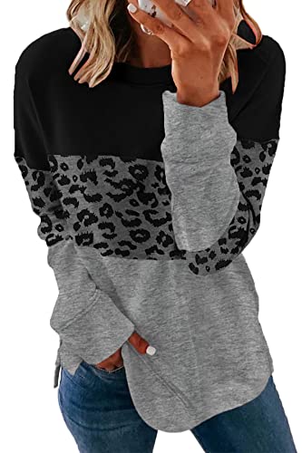 SMENG Damen Casual Sweatshirt Color Block Leopardenmuster Rundhals Langarmshirt Damen Loose Comfort Pullover Sweatshirt Langarm Tops Leopard Black XXL von SMENG
