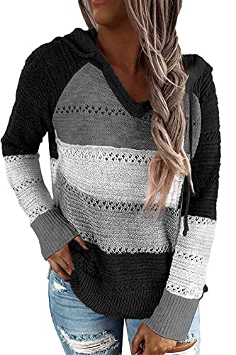 SMENG Damen Hoodie Langarmshirt Damen Patchwork Pullover Herbst und Winter Puffy Tops Gestreiftes Kordelzug Damen Sweatshirt Damen Schwarz XXL von SMENG