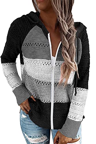 SMENG Damen Hoodie Sweatjacke Damen mit Kapuze Langarm Herbst/Winter Top Schwarz-weiß gestreifter Kordelzug Hohler Reißverschluss Long Pullis Für Damen Schwarz M von SMENG