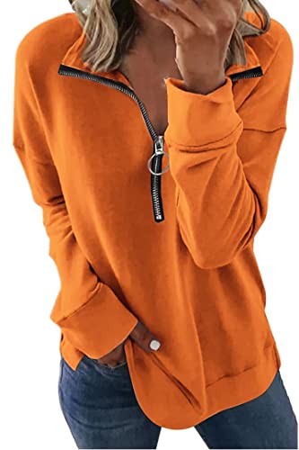 SMENG Damen Langarm 1/2 Zip Freizeit Shirts Blusen Sweatshirts Tunika Tops für Frühling Herbst dunkelgrau Einfarbige Loose Langar Top Orange XL von SMENG