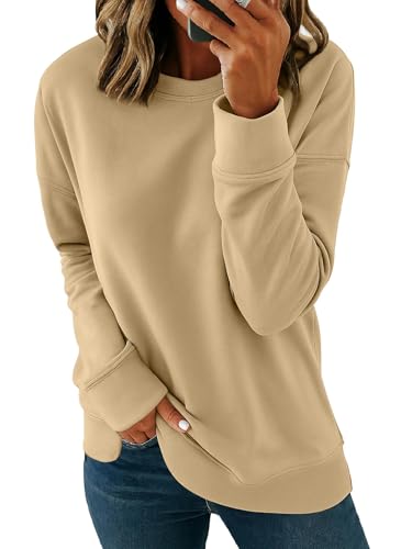 SMENG Damen Langarm Sweatshirt mit Comfort Rundhalsausschnitt Einfarbig Sweatshirt Casual Pullover Tops Beige S von SMENG