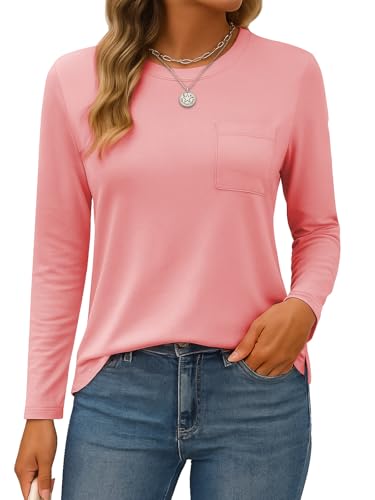 SMENG Damen Langarm T-Shirts Einfache Langarmshirts Elegant Bluse Basic Rundhalsausschnitt Tops mit Taschen Rosa XL von SMENG