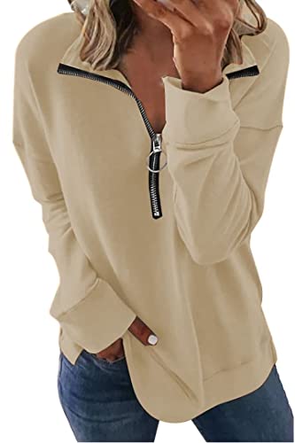 SMENG Damen Loose Sweatshirt Frühling Casual Einfarbig Rundhals Pullover Tops Damen Loose Langarm Plüsch Tops Comfort Fashion Sport Beige L von SMENG