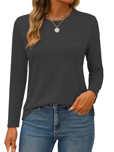SMENG Damen Rundhalsausschnitt Langarmshirt Basic Casual Top Einfarbig Elegante Shirts mit Taschen Schwarz XXL von SMENG