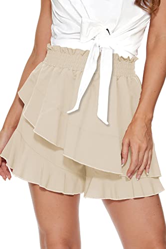 SMENG Damen Shorts Für Sommer Mittelhohe Taille Bequeme Falten Shorts Lässige Rüschen Hakama Einfarbig Pants Beige M von SMENG