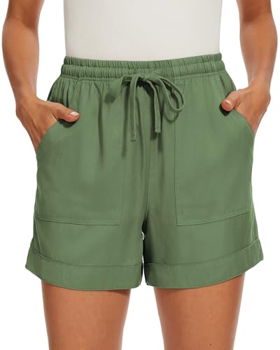SMENG Kurze Hosen Damen Damen Sommer Workout Kordelzug Shorts Lounge Elastischer Bund Kurz Hose einfarbig lose Freizeithose mit Taschen Grün S von SMENG
