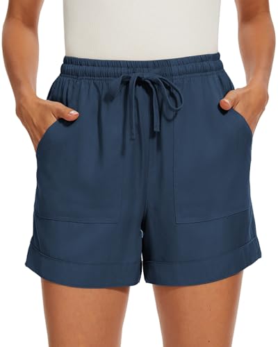 SMENG Damen Sommer Workout Kordelzug Shorts Lounge einfarbig lose Freizeithose mit Taschen Kurze Sporthose Kurze Hose Damen Blau S von SMENG