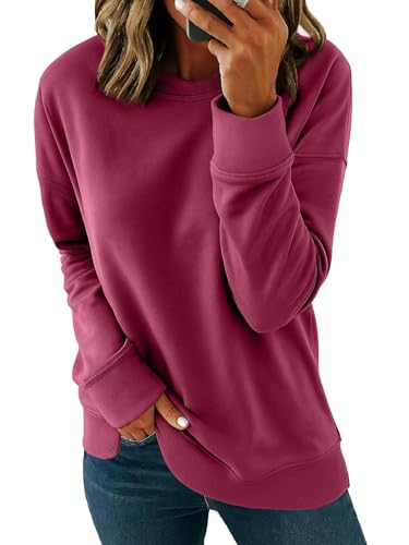 SMENG Damen Sweatshirt Casual Einfarbig Rundhals Pullover Damen Loose Langarm Tops Comfort Sweatshirt Weinrot L von SMENG