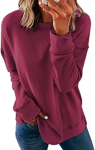 SMENG Damen Sweatshirt Casual Einfarbig Rundhals Pullover Damen Loose Langarm Tops Comfort Sweatshirt Weinrot XL von SMENG
