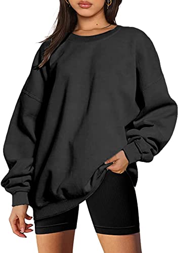 SMENG Damen Sweatshirt Casual Einfarbig Rundhals Pullover Sweatshirt Damen Loose Langarm Plüsch Tops Comfort Pullover Schwarz M von SMENG