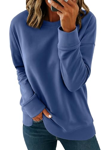 SMENG Damen Sweatshirt Casual Einfarbig Rundhals Sweatshirt Damen Loose Langarm Tops Comfort Pullover Dunkelblau XL von SMENG