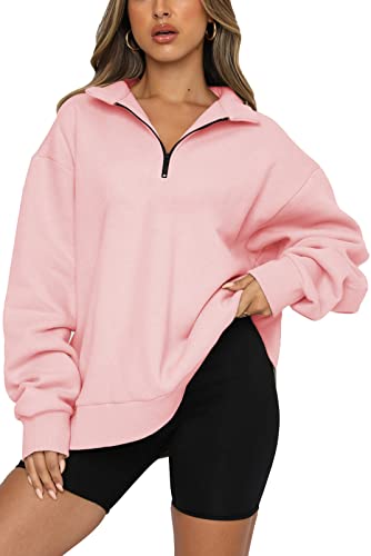 SMENG Damen-Sweatshirt mit halbem Reißverschluss Damen Mode Sweatshirt Herbst Tops Langarm Loose Pullover Rosa S von SMENG