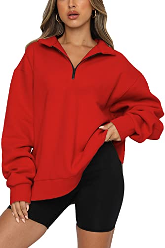 SMENG Pullover Damen Herbst Langarm Sweatshirts Winter Kleidung Elegant Teenager Tops Outdoor Oversize Baggy Lässig Locker Warm Casual Streetwear Jumper V-Ausschnitt Rot L von SMENG