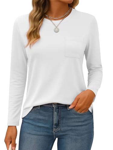 SMENG Damen Tshirt Langarmshirt mit Rundhalsausschnitt Herbst Winter Slim Casual Basic Shirt mit Taschen Weiß M von SMENG