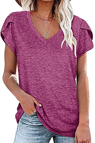 SMENG Damen V-Ausschnitt Flügelärmeln Tops Kurzarm-t-Shirt Für Damen Einfarbiges Kurzarm-t-Shirt Für Damen Weinrot XL von SMENG