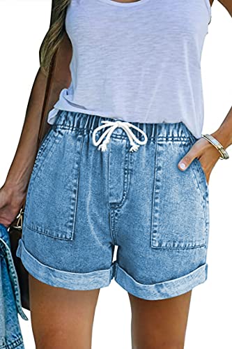 SMENG Damen mit Tasche Sexy Shorts Sommer Denim Shorts Lässige Shorts Outfit elegant Damen Kordelzug Jeans Himmelblau L von SMENG