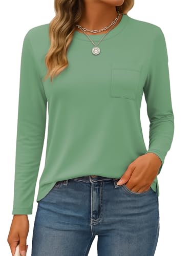 SMENG Einfarbig Langarmshirt Rundhalsausschnitt Tops Basic Casual Shirt Going Out Elegant Oberteile Sojagrün XL von SMENG