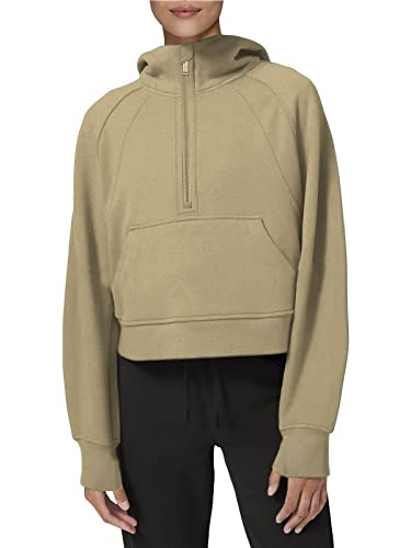 SMENG Hoodie Damen Unifarben Pullover Langarmshirts Outfit Ernte Elegant Casual Kapuzen Sweatshir V-Ausschnitt mit Schnalle mit Kapuze Sweatshirt Khaki M von SMENG