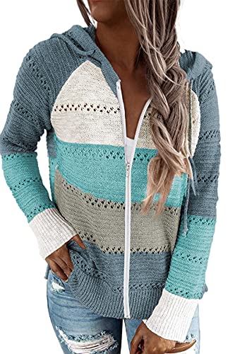 SMENG Kapuzenpullover Für Damen Reißverschluss Strickjacke Damen Langarmshirt Damen Hoodie Damen Oberteile Kordelzug Gestreift Sweatshirt Damen Tricolor Pullover Blau XXL von SMENG