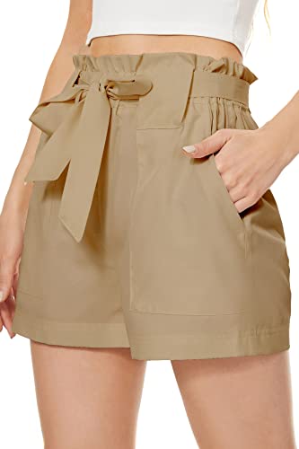 SMENG Kurze Hose Damen Sommer weit mit Kordel Stoff locker mit Gummizug elastisch elegant große sportbekleidung für Damen Shorts Khaki S von SMENG