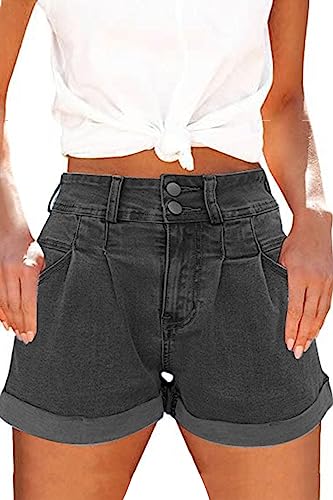 SMENG Kurze Hosen Damen Sommer Denim Shorts mit Knöpfe Tasche Fashion Shorts Kleidung Damen Sommerhose Grau M von SMENG