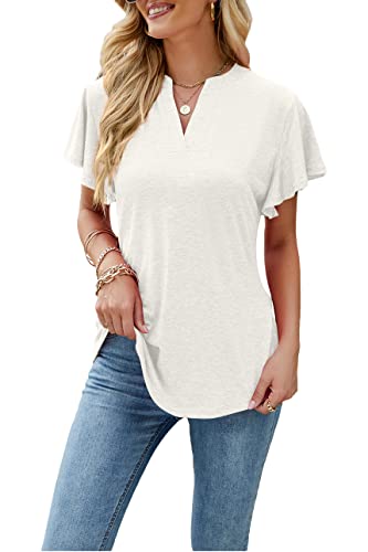 SMENG Oberteile Damen Baumwoll Tshirt Langarmshirt v-Ausschnitt Sport Tops locker Women's t-Shirts Fashion Coole shirtblusen Langarmshirts für Damen Weiß L von SMENG