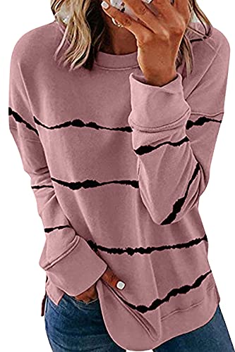 SMENG Mode Damen Pullover Damen Gestreiftes Sweatshirt Damen Komfortabel Langarmshirt Damen Beiläufig Pullover Tunika-Top Rosa L von SMENG