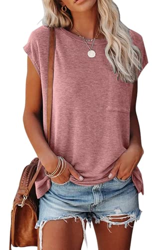 SMENG Basic Tshirt Damen Oberteil Damen Kurzarmshirt Damen Shirt Kurzarm Damen Sexy Oberteil Damen Rundhals T-Shirts Loose Fit Tops Rosa L von SMENG