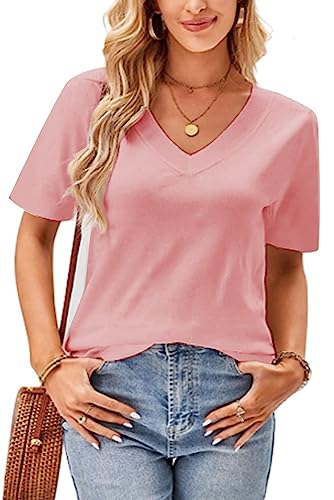 SMENG Oversize Shirt Damen V-Ausschnitt Summer Tops Safari Kleidung Damen Kurzarm Shirt Damen Einfarbige Tops Sportshirt Damen Locker Rosa L von SMENG