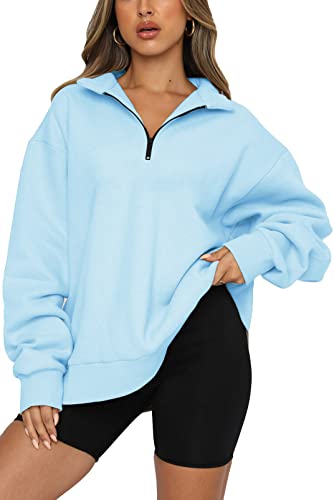 SMENG Damen Oversized Sweatshirt Pulli Damen Langarm Oberteile Half Zip Damen Pullover Elegant Herbst Winter Outfits 2024 Casual Outfit Damen Longsleeve Damen Y2k Kleidung Himmelblau L von SMENG